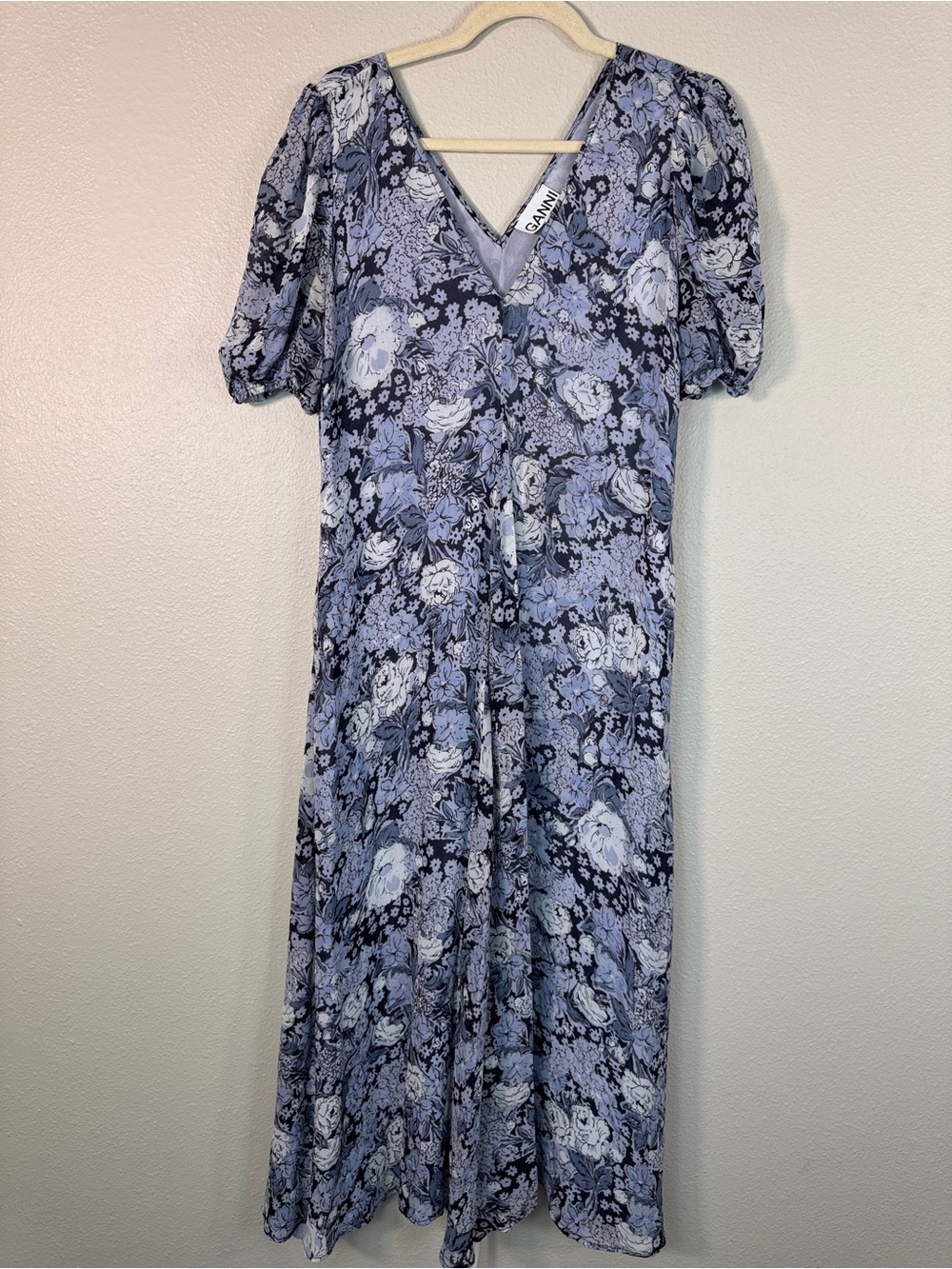 Ganni | Dresses | Ganni Blue Floral Silk Puff Sleeve Maxi Dress Womens L Casual Peasant Luxury